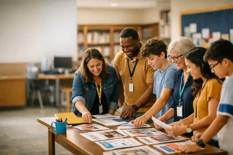 Teachers and students looking through printed handouts in a school media center