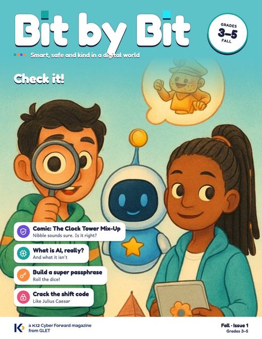 Cover of Bit by Bit, Grades 3–5: Mateo looks through a giant magnifying glass beside Jada and Nibble the robot.