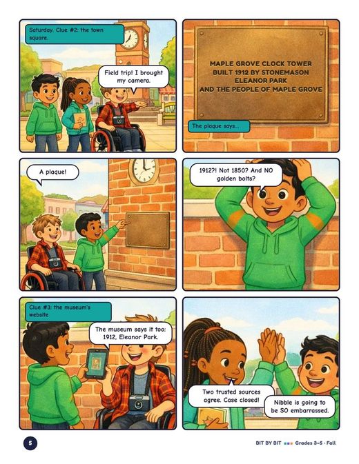Grades 3–5 comic page: the kids find a plaque on the clock tower that proves the robot wrong.