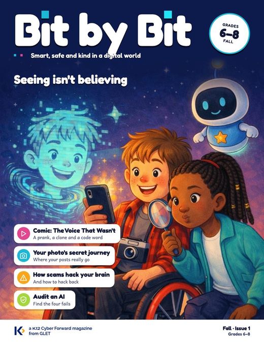 Grades 6–8 cover: Wyatt holds up a phone as a glitchy hologram of his face floats out; Jada inspects it.
