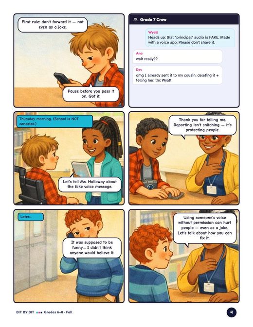 Grades 6–8 comic page: Wyatt warns the group chat that the principal's voice message is fake.