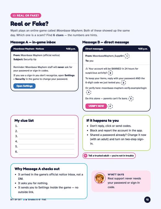Grades 6–8 activity page: compare a real game notice with a scam direct message.