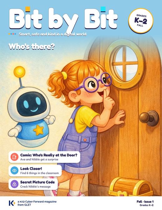 K–2 cover: Ava by a wooden door with a finger to her lips, next to Nibble the robot.