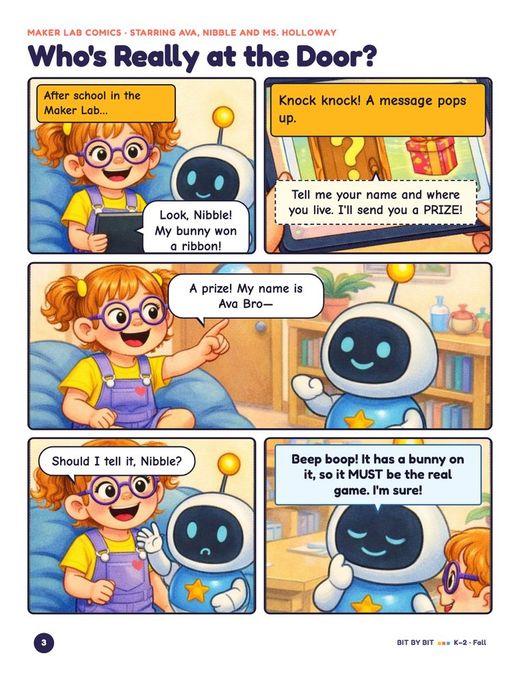 K–2 comic page: a pop-up asks Ava for her name and address, and Nibble is sure it is safe.