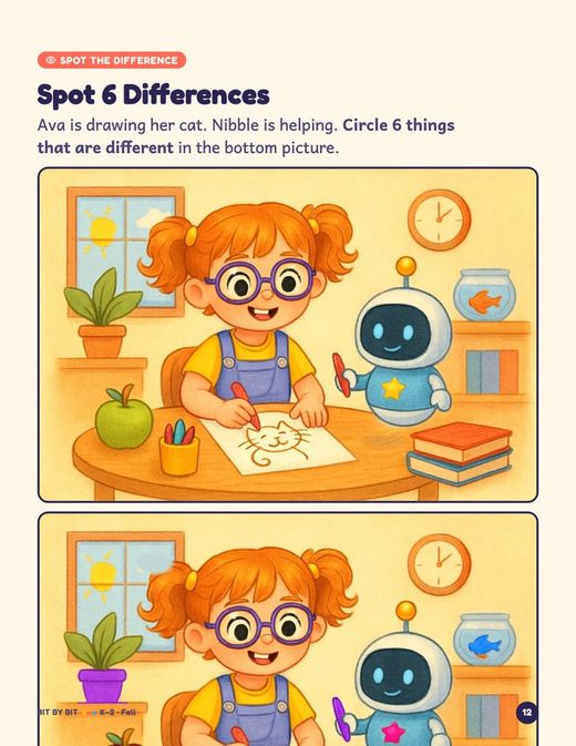 K–2 spot-the-difference page with two pictures of Ava drawing a cat.