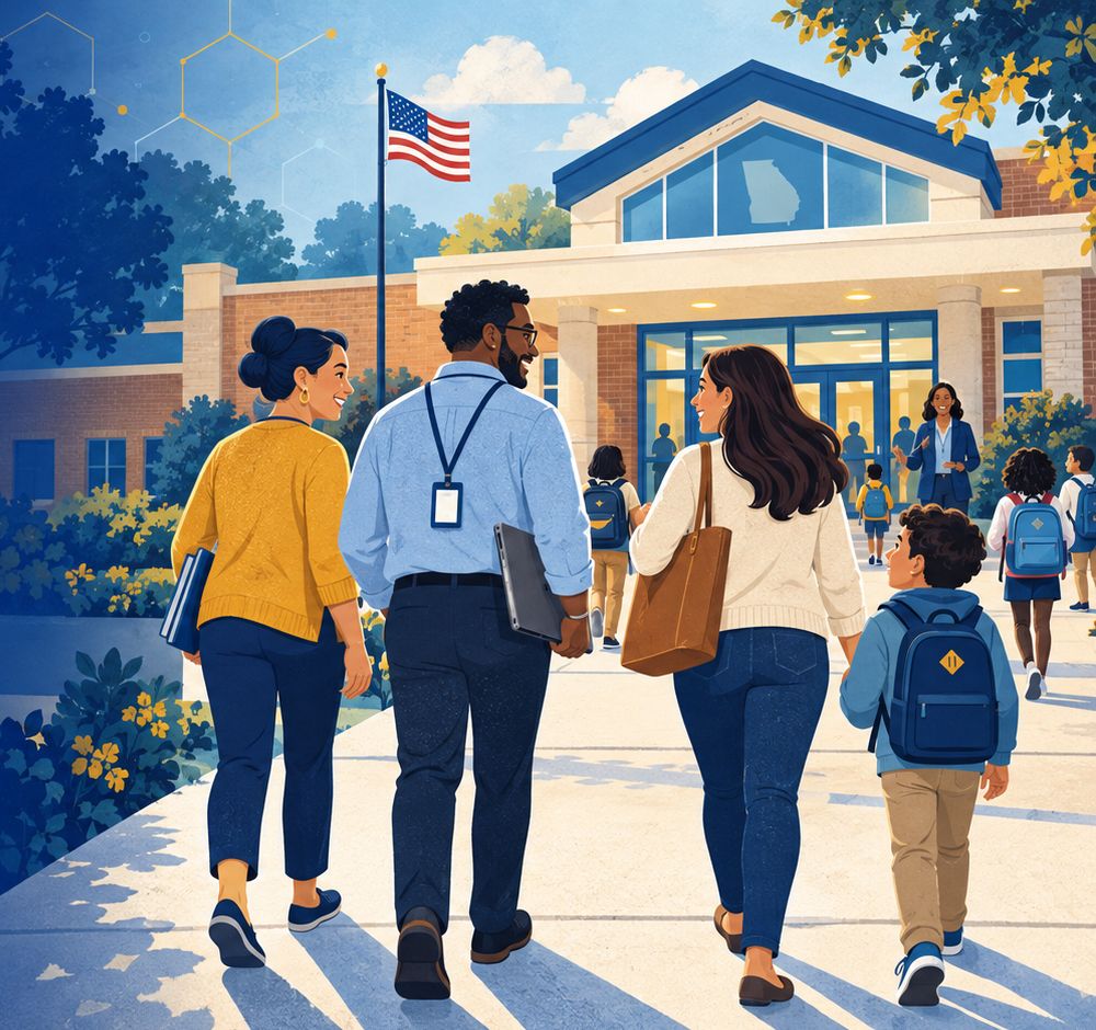 Original illustration of school staff and a family walking together toward a Georgia school