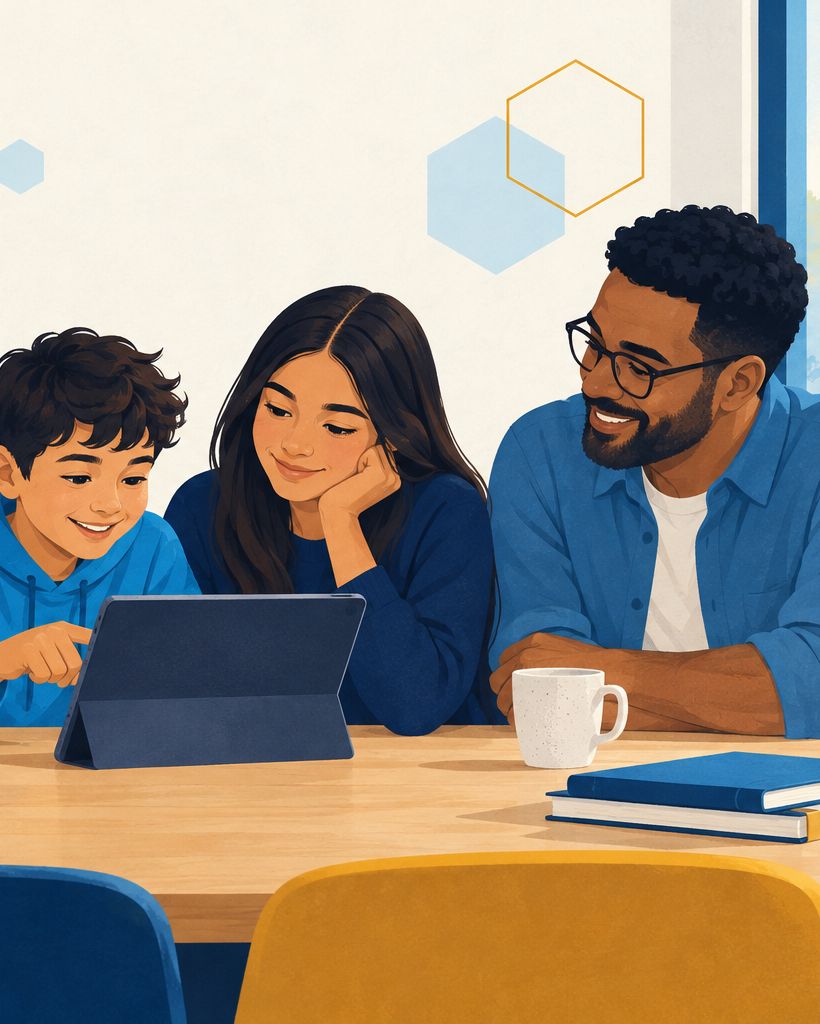 Original illustration of a family talking together around a tablet at home