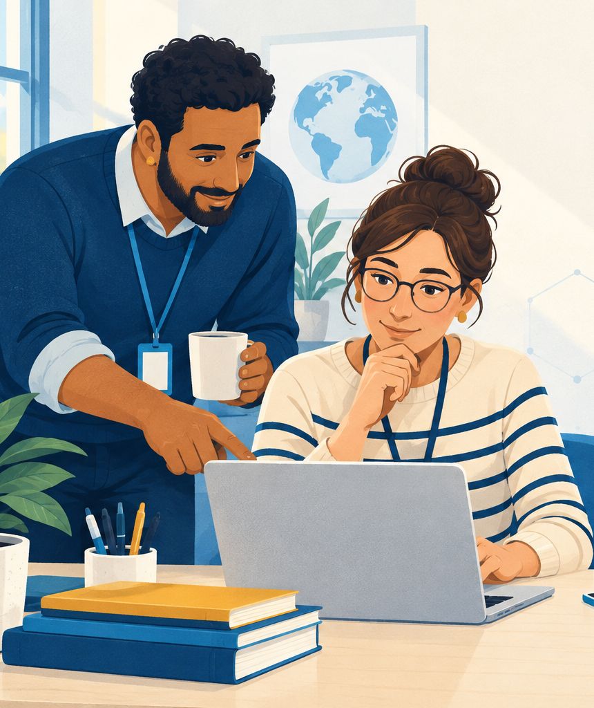 Original illustration of two colleagues calmly checking a message together