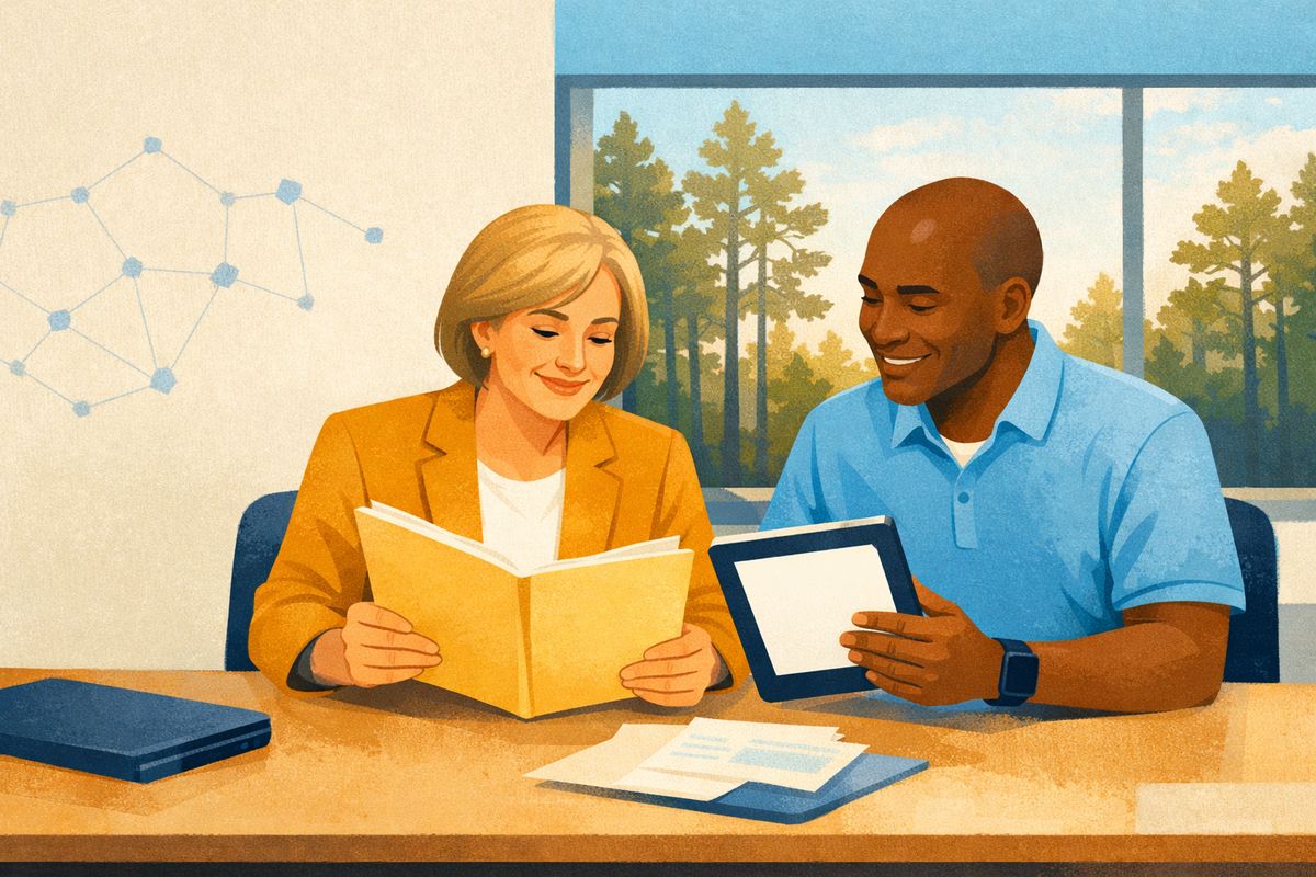 Illustration of a school business official and a technology lead reviewing documents together