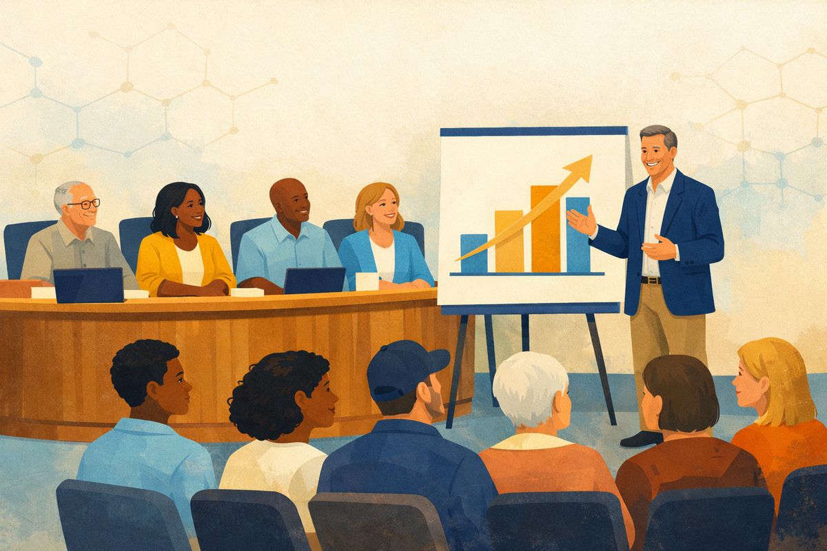 Illustration of a district leader sharing a simple progress chart with a school board