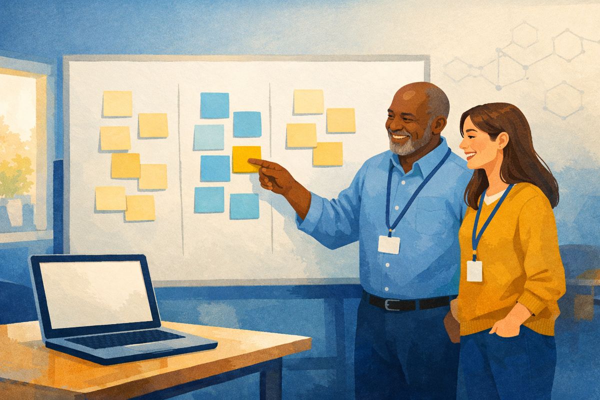 Illustration of a technology director and a colleague planning work on a whiteboard