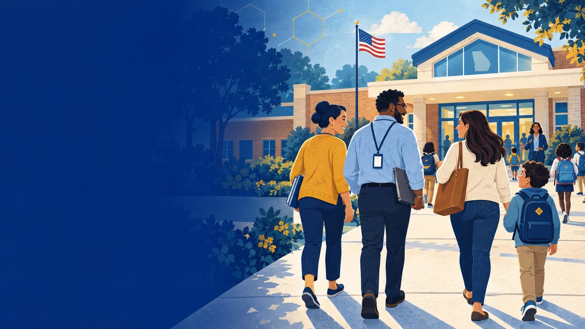 A family and school staff arriving at a Georgia school