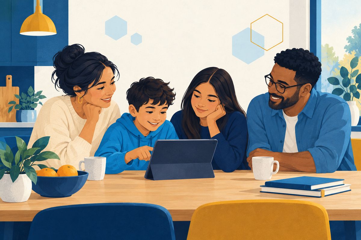 A family talking over a tablet together at home