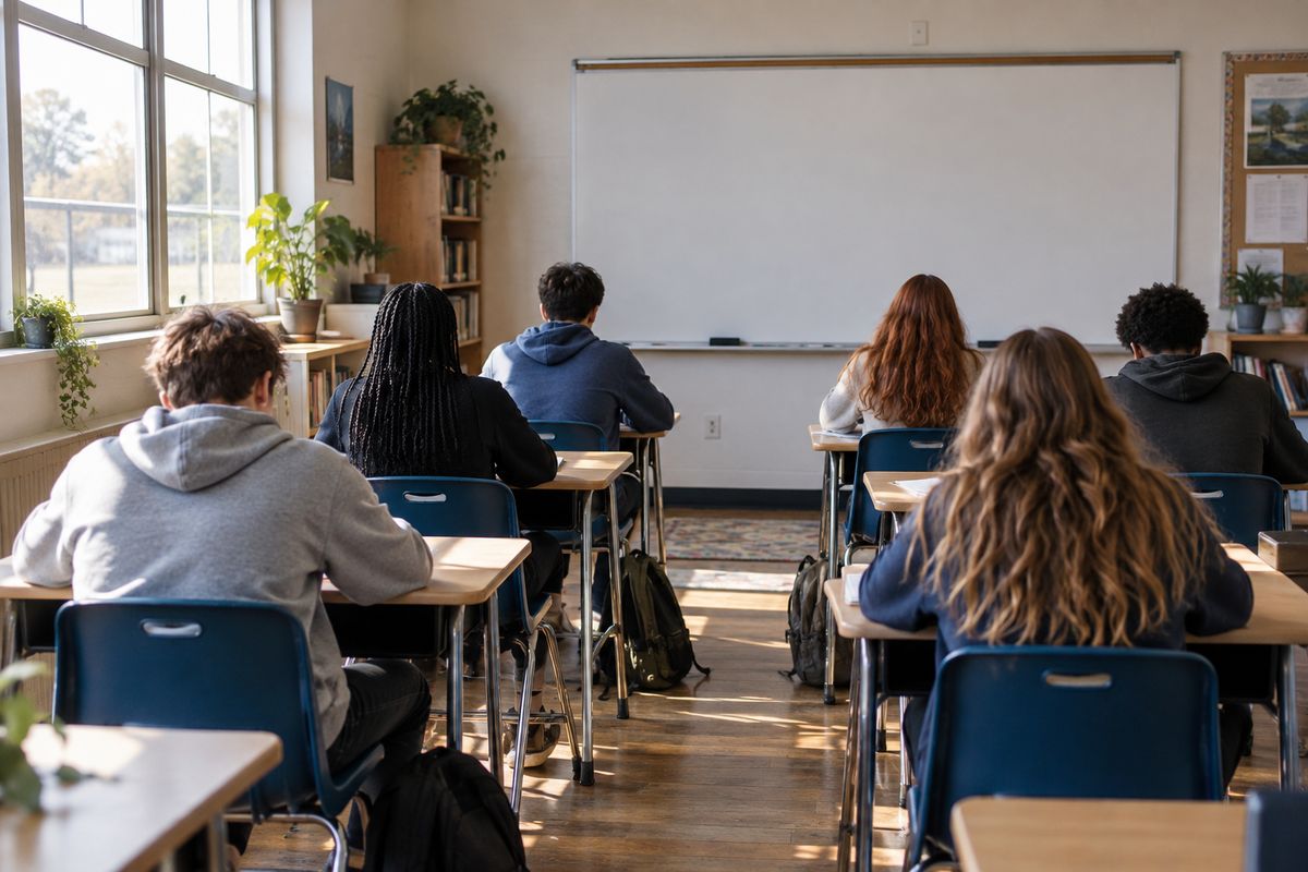 Students seen from behind in a classroom, facing a whiteboard