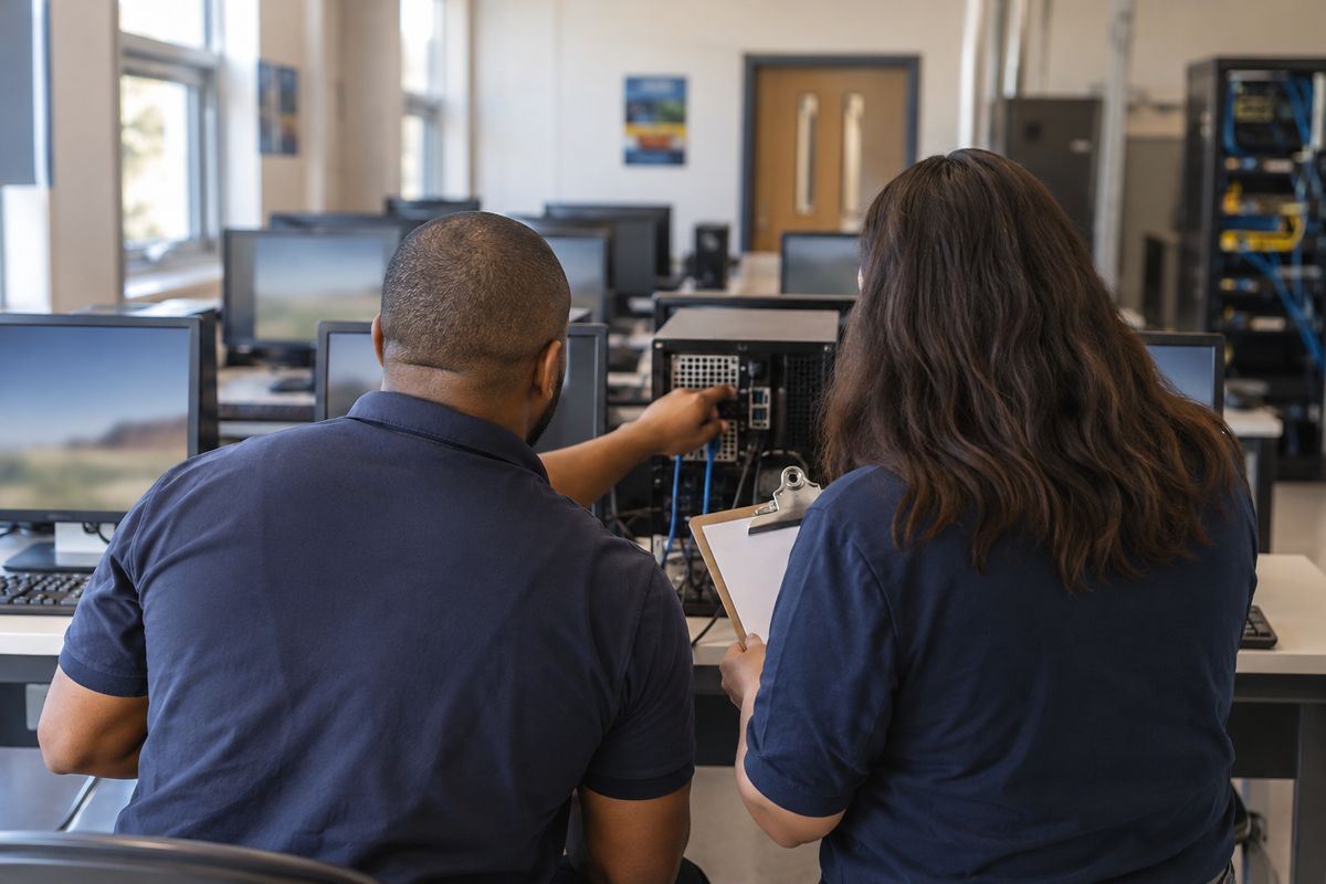 District IT staff working in a school computer lab