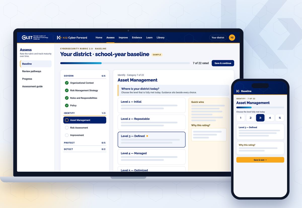 Illustrative product mockup with sample content on a laptop and phone: a rubric category with five maturity choices, guidance and a progress bar.