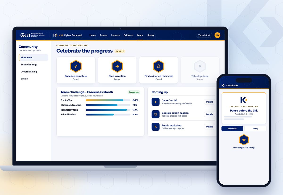 Illustrative product mockup with sample content on a laptop and phone: milestone badges, a team challenge and upcoming community events.