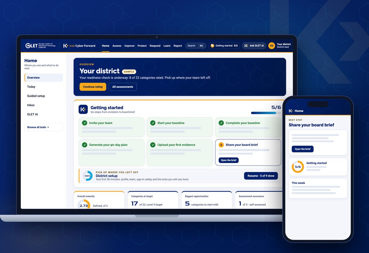 Illustrative product mockup with sample content on a laptop and phone: a district home screen with a getting-started checklist and progress ring.