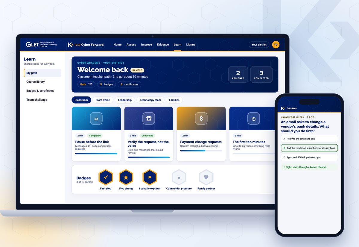 Illustrative product mockup with sample content on a laptop and phone: short lessons by role, badges and a knowledge check question.