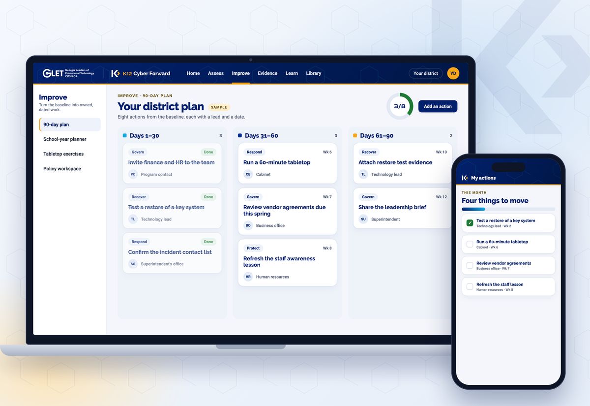 Illustrative product mockup with sample content on a laptop and phone: a 90-day plan in three 30-day columns with action cards, leads and dates.