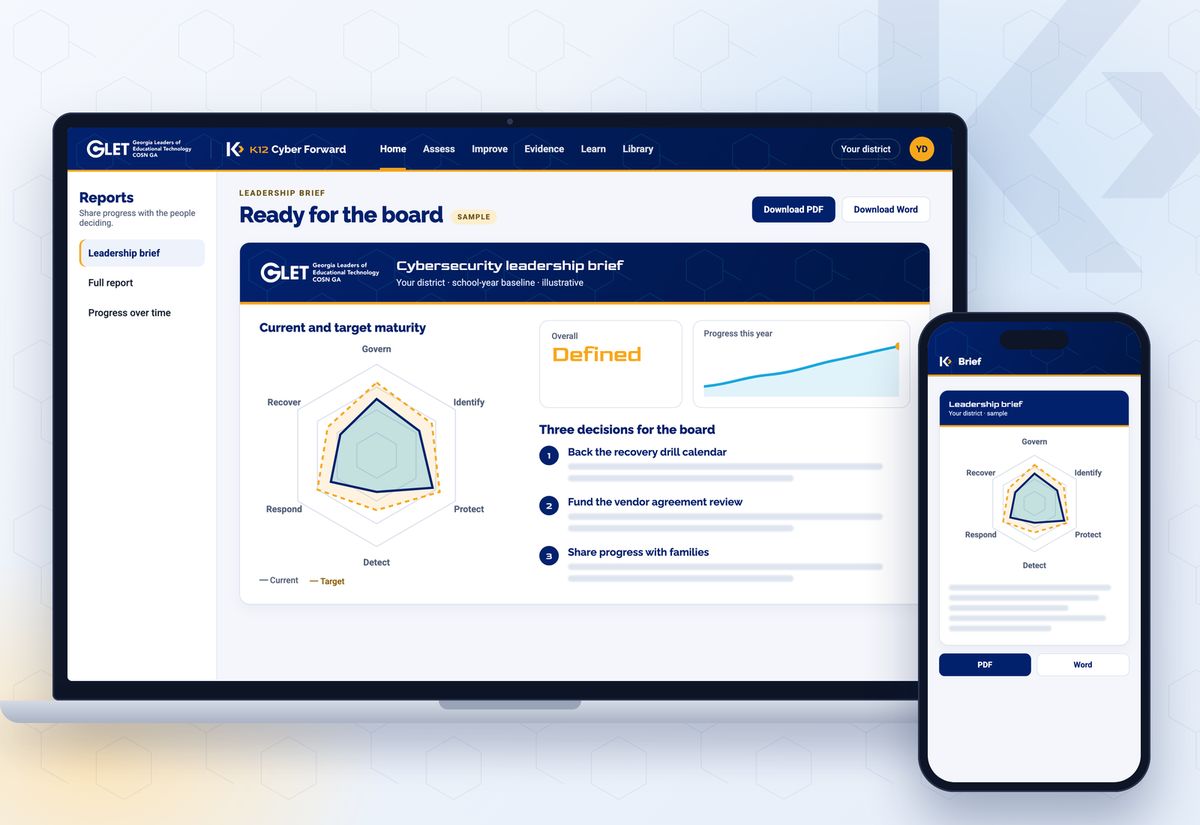 Illustrative product mockup with sample content on a laptop and phone: a leadership brief with a maturity chart and next decisions.